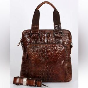 Croc-Embossed Leather Messenger Bag - Dark Brown new no tags
